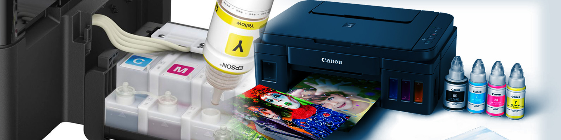 پرینتر مشکی و مخزن شارژ رنگ زرد_ عکس استفاده شده در سایت aloocartridge.com